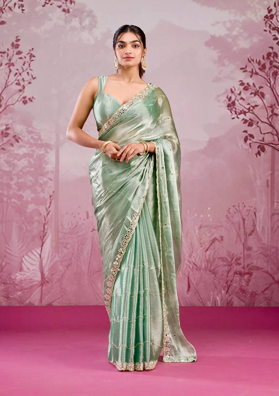 Elegant Embroidered Berberry Saree With Real Mirror Work & Matching Blouse
