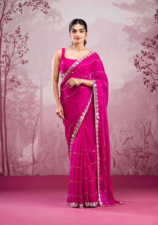 Elegant Embroidered Berberry Saree With Real Mirror Work & Matching Blouse