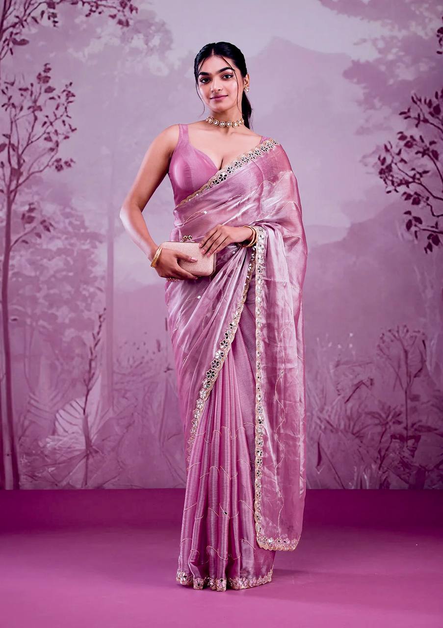 Elegant Embroidered Berberry Saree With Real Mirror Work & Matching Blouse
