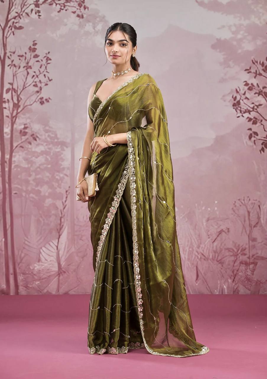 Elegant Embroidered Berberry Saree With Real Mirror Work & Matching Blouse