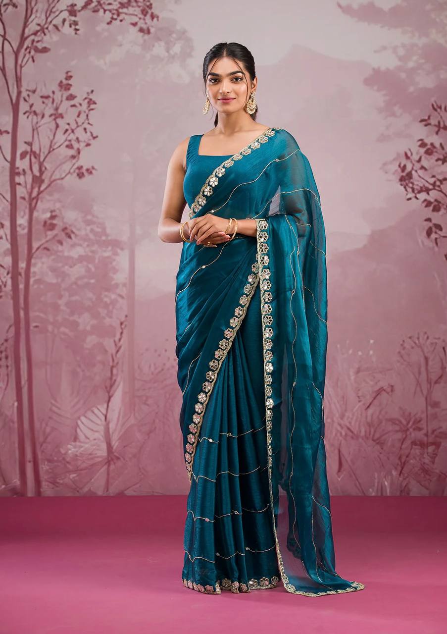 Elegant Embroidered Berberry Saree With Real Mirror Work & Matching Blouse