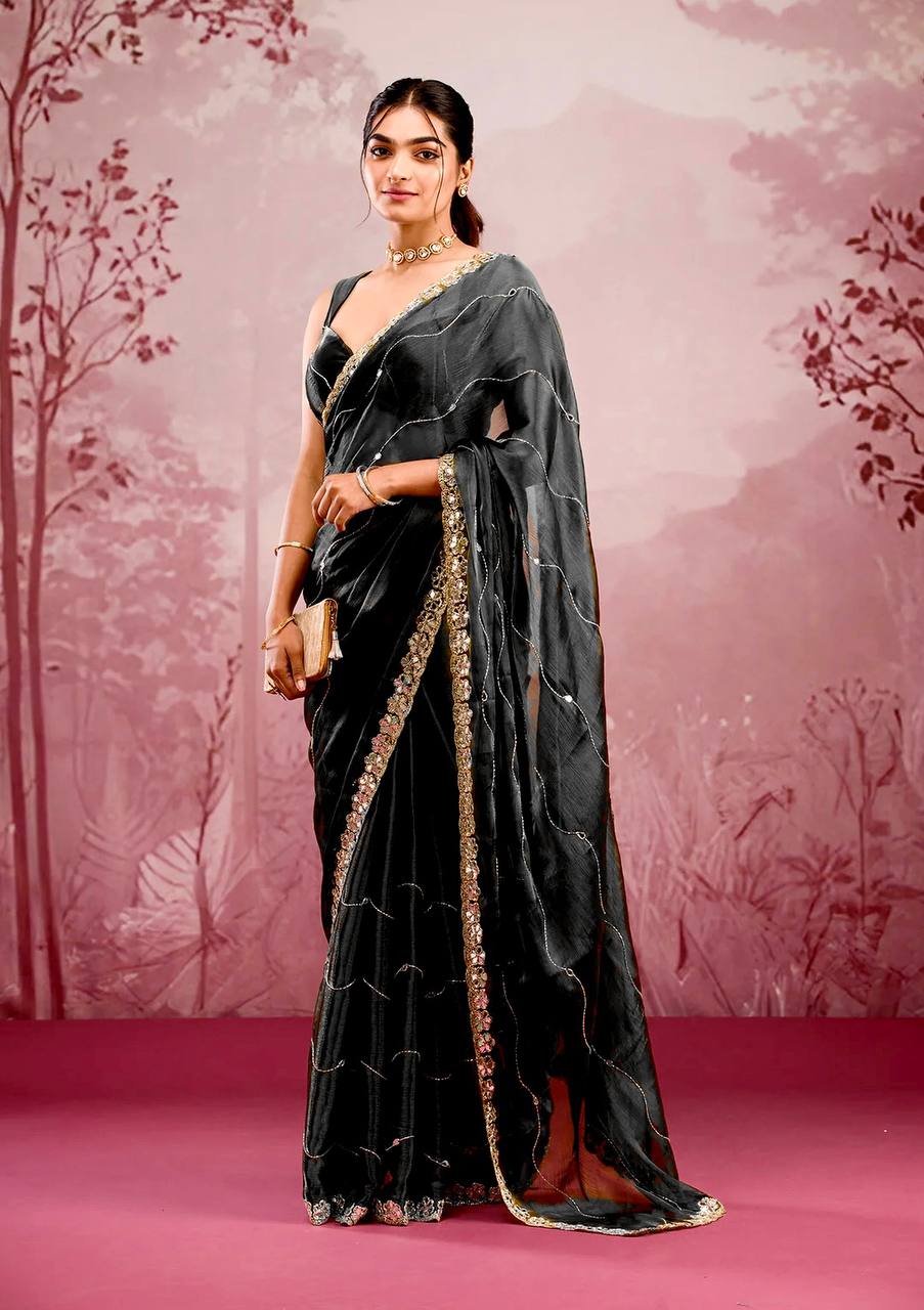 Elegant Embroidered Berberry Saree With Real Mirror Work & Matching Blouse