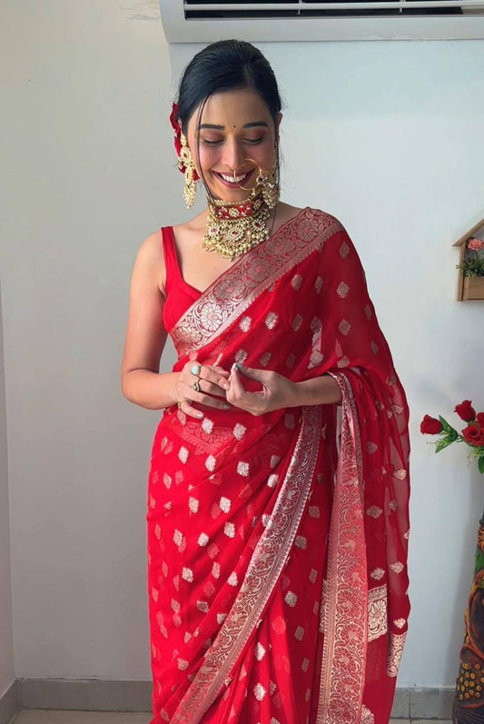 Red Soft Lilan Slub Ready To Wear Jacquard Weaving Designer Saree