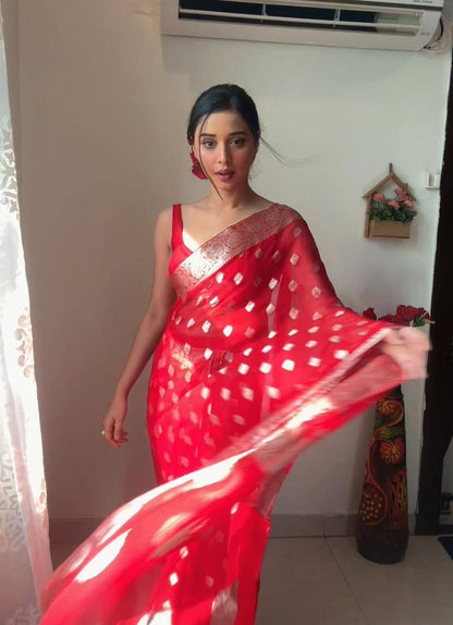 Red Soft Lilan Slub Ready To Wear Jacquard Weaving Designer Saree