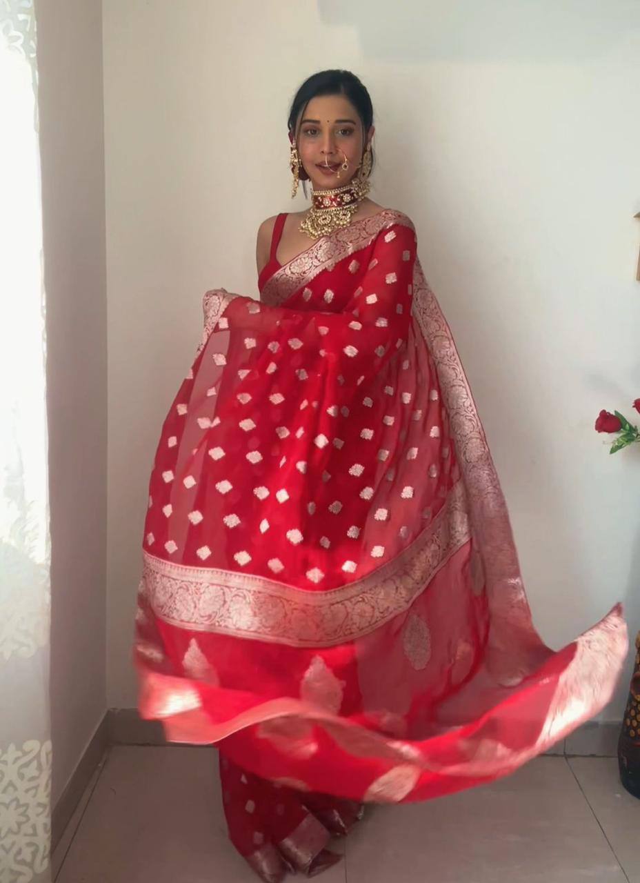 Red Soft Lilan Slub Ready To Wear Jacquard Weaving Designer Saree