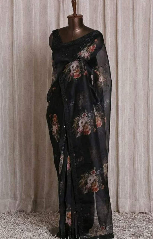 Black Organza Silk Digital Printed Saree With Banglory Blouse