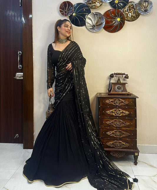 Wonderful Georgette Lehenga Saree Sharara With Moti Work Dupatta
