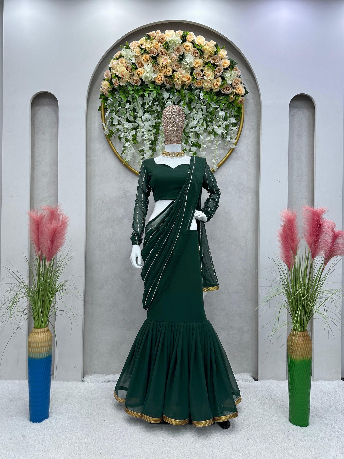 Wonderful Georgette Lehenga Saree Sharara With Moti Work Dupatta