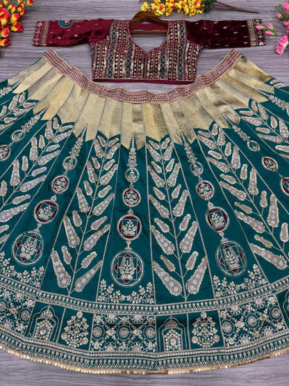 Rama Green Satin Silk Embelish Embroidered Work Lehenga Choli