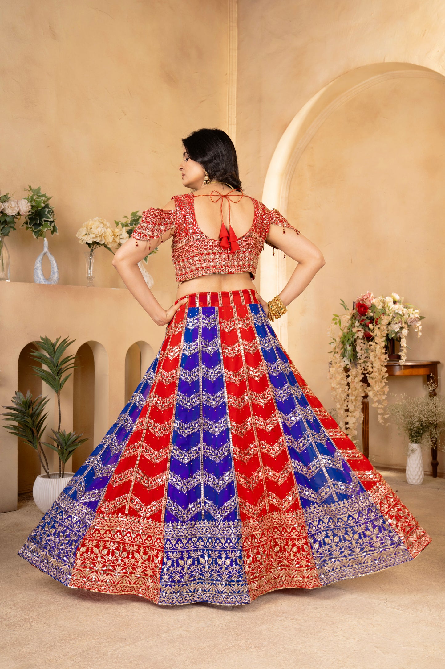Wedding Wear Blue & Red Color Georgette Sequence Work Lehenga Choli