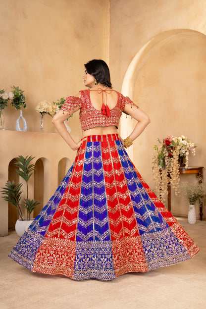 Wedding Wear Blue & Red Color Georgette Sequence Work Lehenga Choli