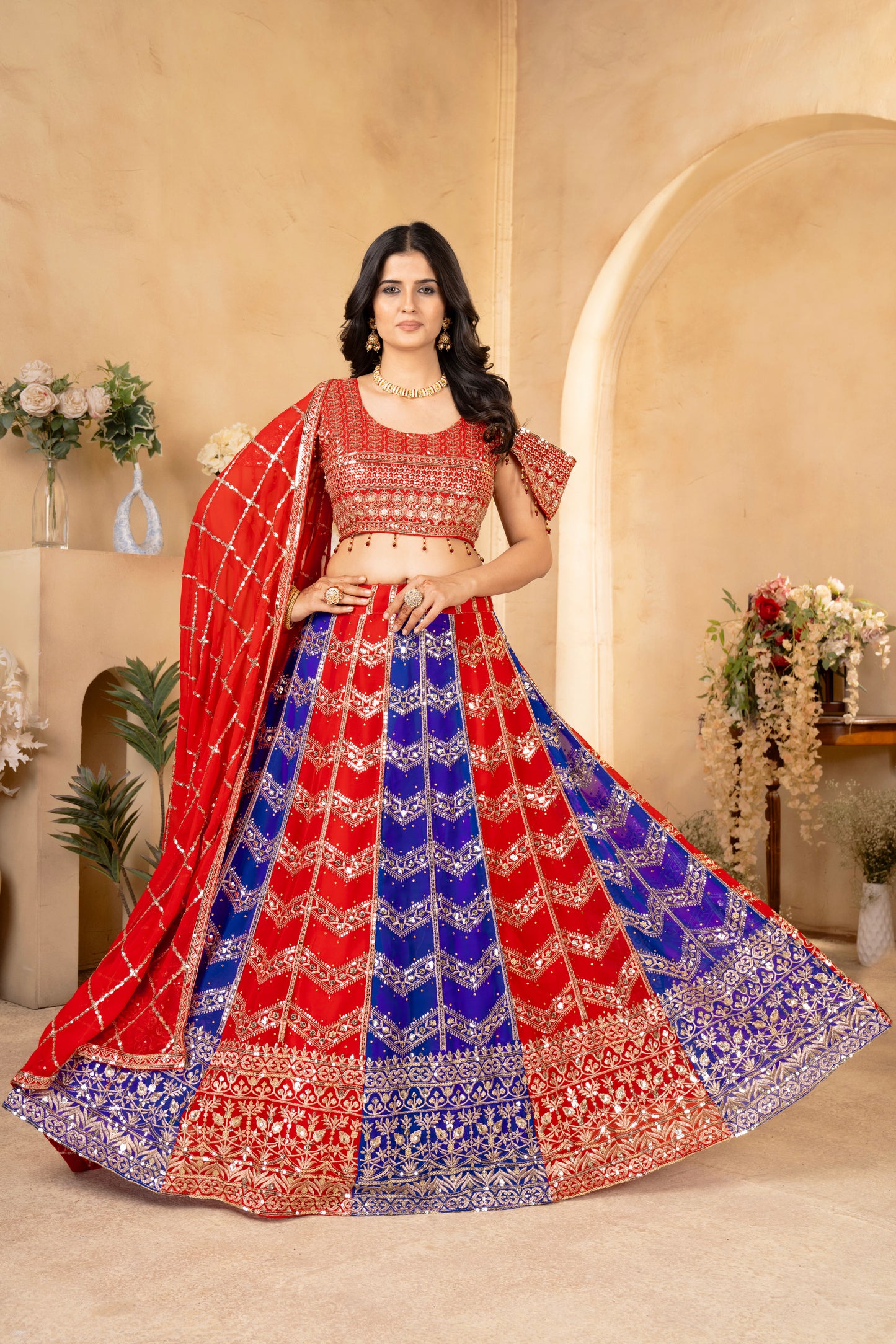 Wedding Wear Blue & Red Color Georgette Sequence Work Lehenga Choli