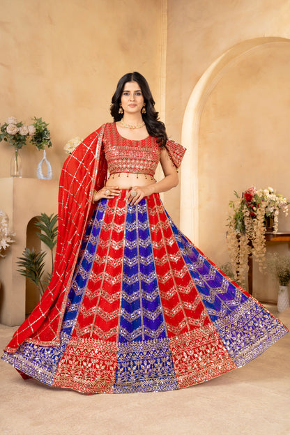 Wedding Wear Blue & Red Color Georgette Sequence Work Lehenga Choli