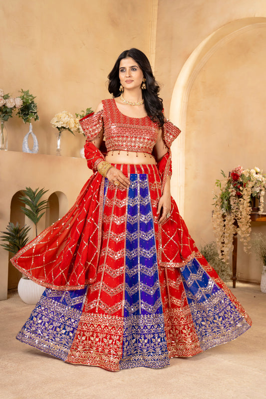 Wedding Wear Blue & Red Color Georgette Sequence Work Lehenga Choli