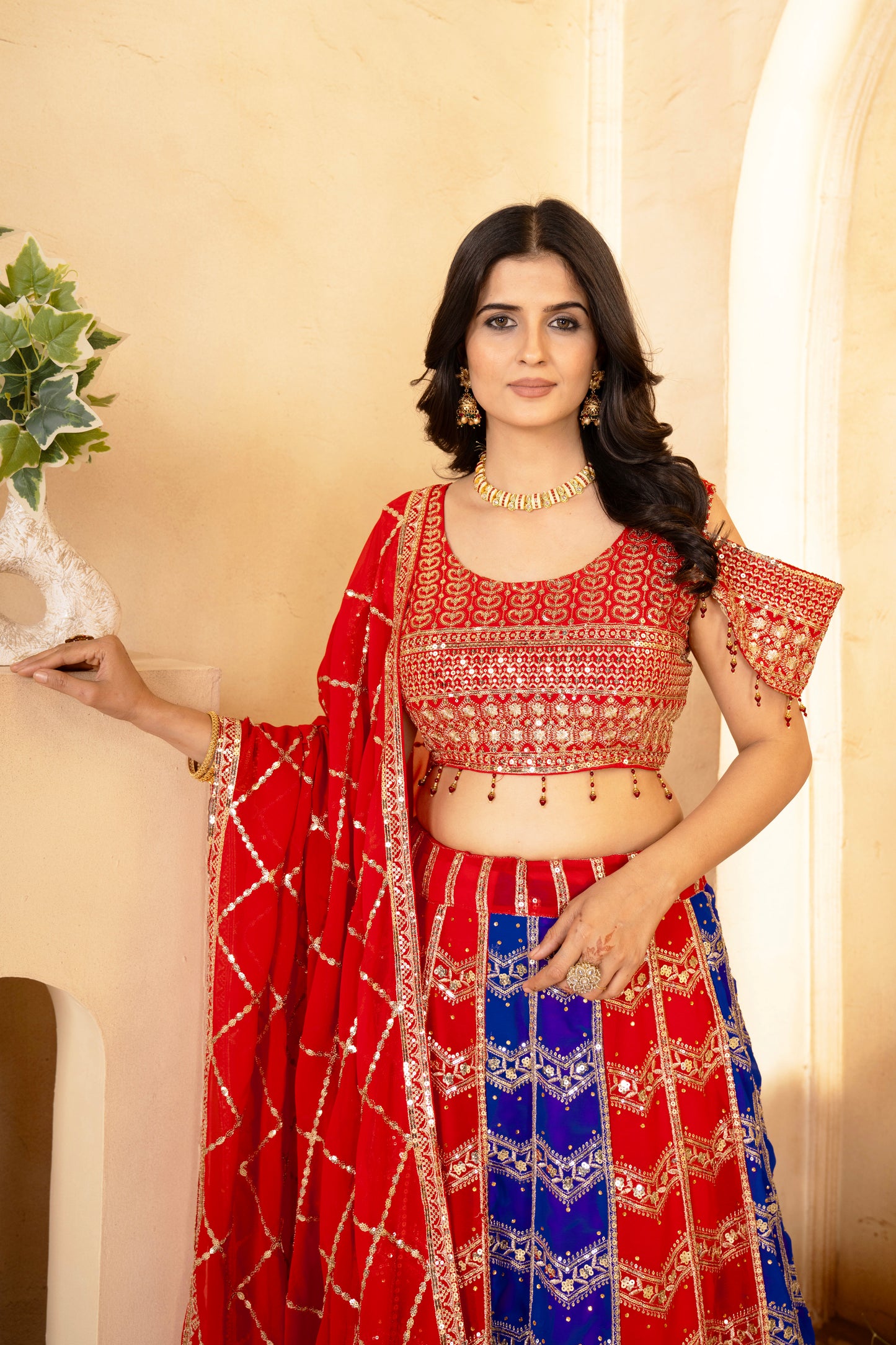 Wedding Wear Blue & Red Color Georgette Sequence Work Lehenga Choli