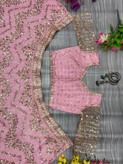 Beautiful Pink Colour Chinon Silk Fabric Multi Thread And Heavy Sequins Lehenga Choli