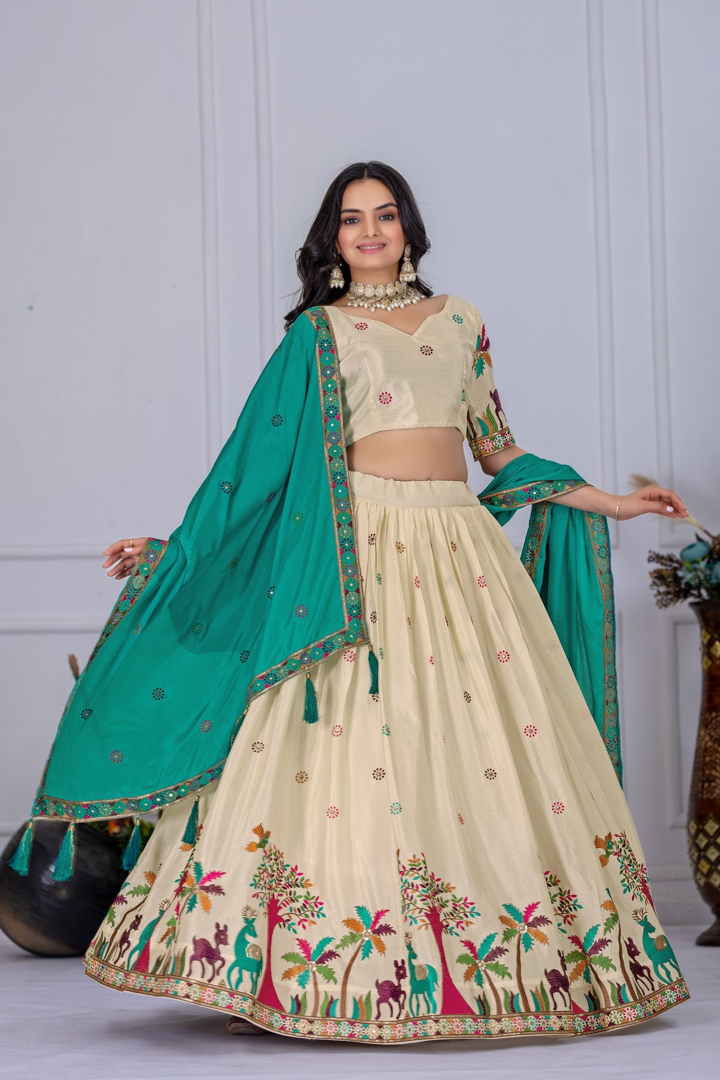Heavy Chinon Silk Embroidary Worked Lehenga With Beautiful Lace Border Dupatta