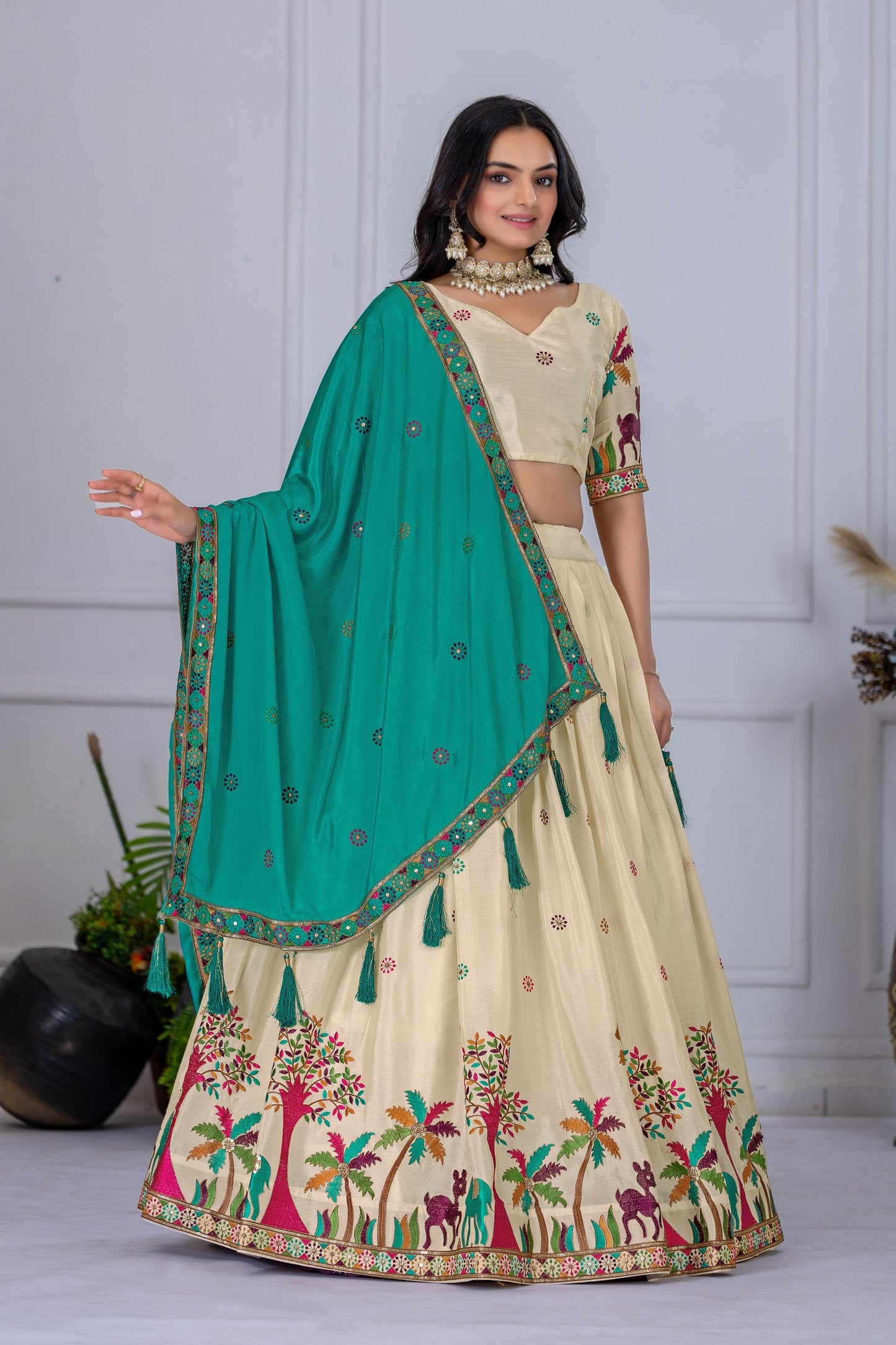 Heavy Chinon Silk Embroidary Worked Lehenga With Beautiful Lace Border Dupatta
