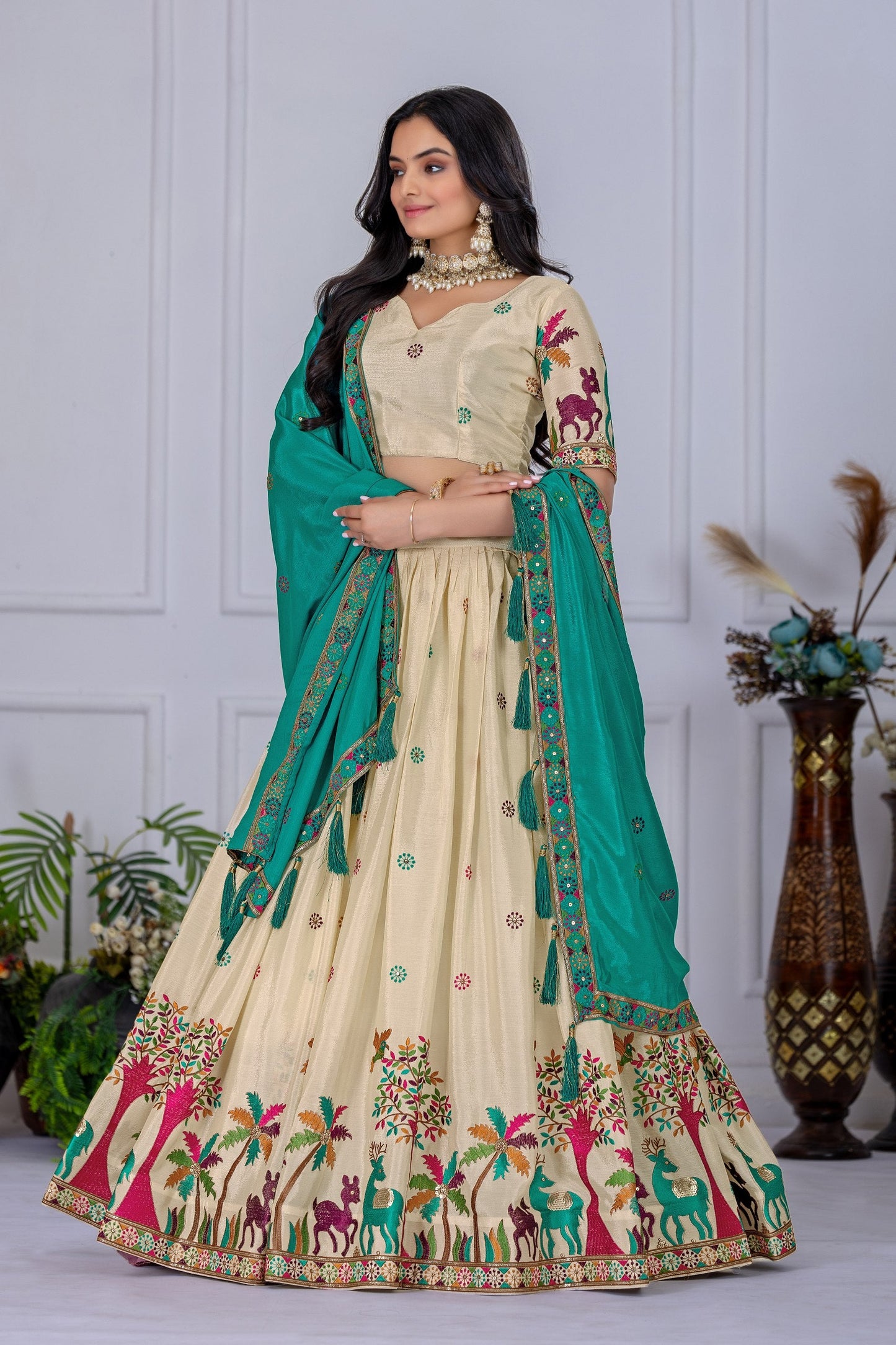 Heavy Chinon Silk Embroidary Worked Lehenga With Beautiful Lace Border Dupatta