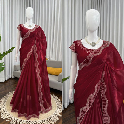 Marron Jimmy Chu Silk Hot Fix Daimond Work Saree