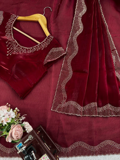 Marron Jimmy Chu Silk Hot Fix Daimond Work Saree