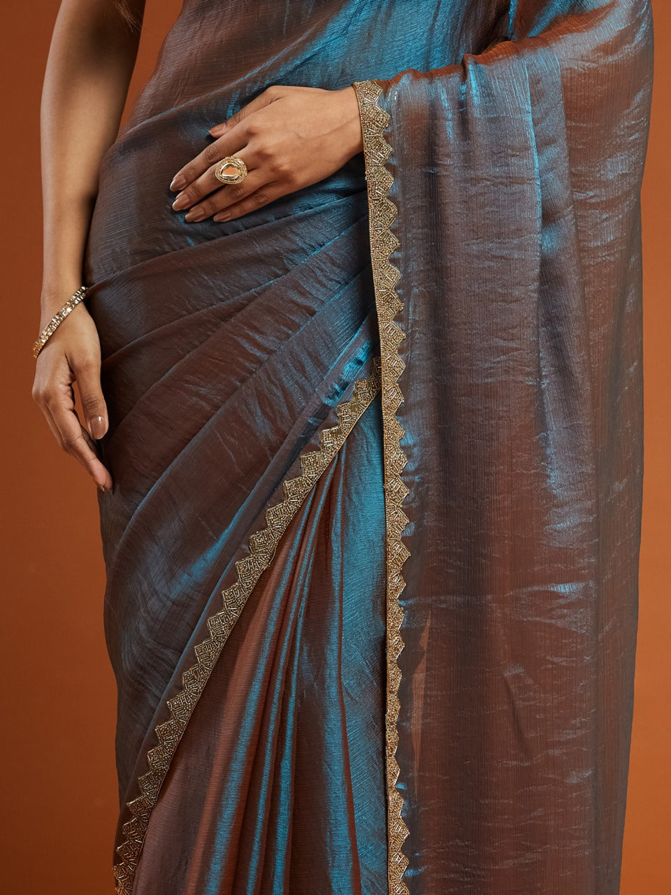 Fandy Jimmy Chu Silk Two Tone Saree With Handworked Lace