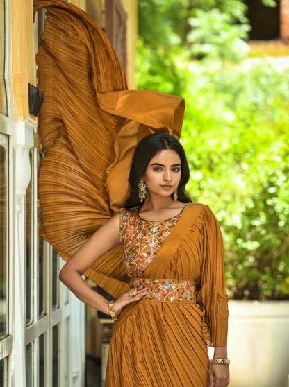 Beautiful Chinon Silk With Half Crush Pleated with Heavy Dual Sequence Work Saree