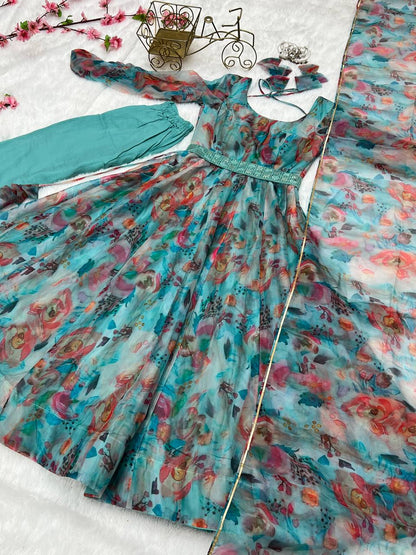 Firozi Organza Silk Printed Full Stitched Frock With Pant and Dupatta