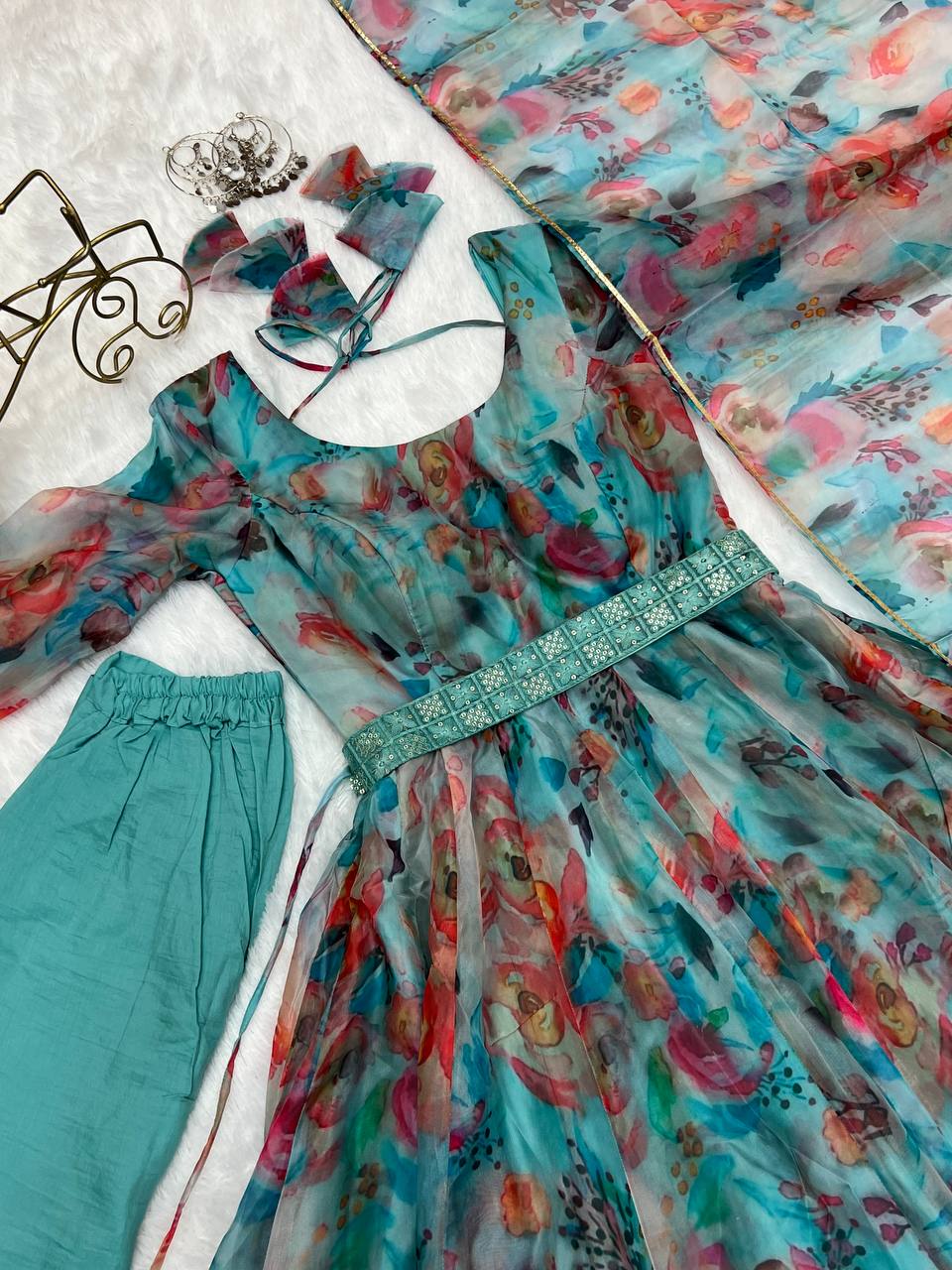 Firozi Organza Silk Printed Full Stitched Frock With Pant and Dupatta