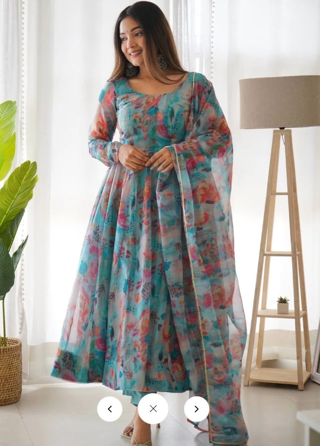 Firozi Organza Silk Printed Full Stitched Frock With Pant and Dupatta