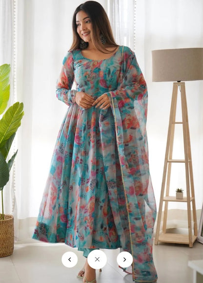 Firozi Organza Silk Printed Full Stitched Frock With Pant and Dupatta