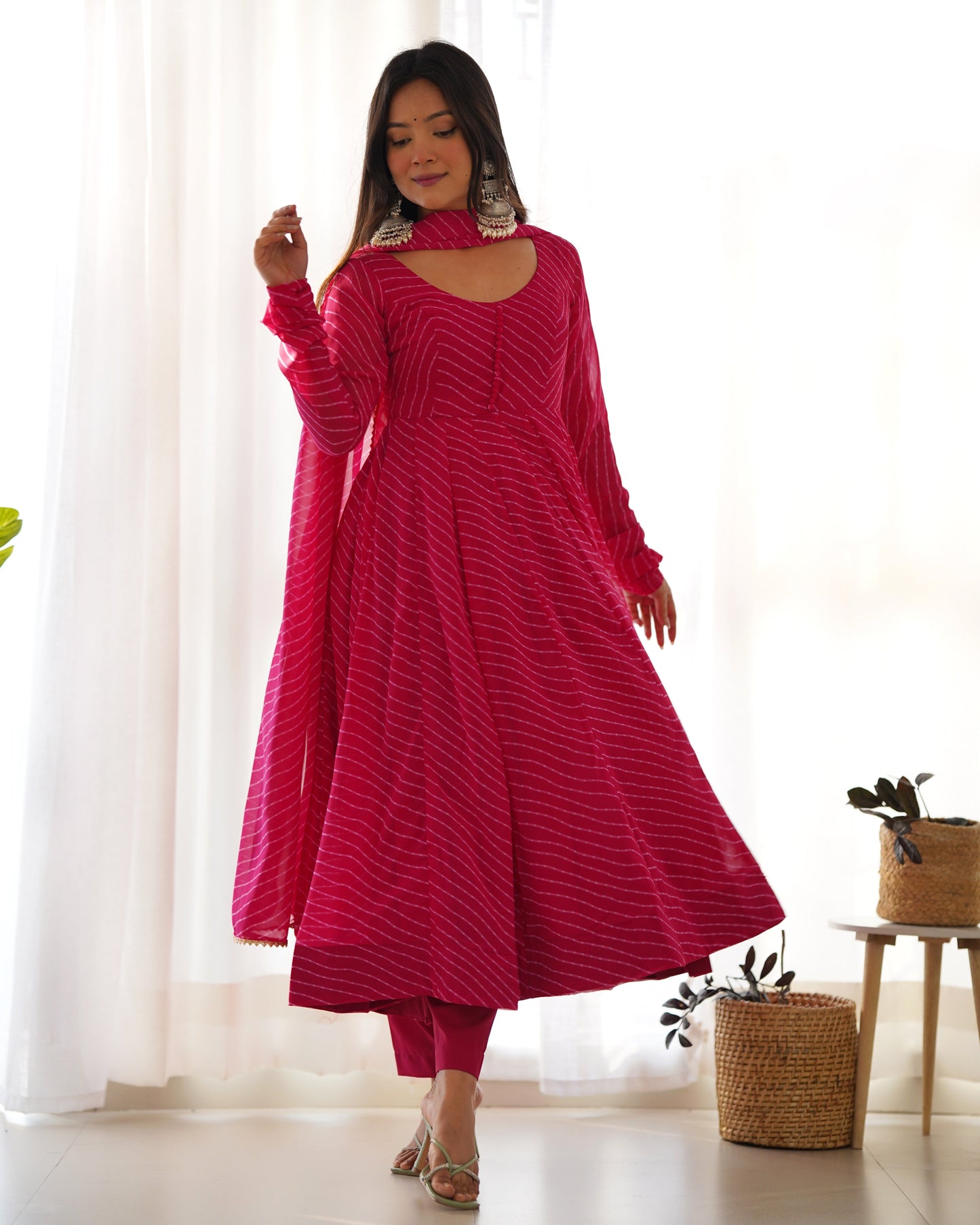 Pink Color Lehariya Printed Georgette Gown