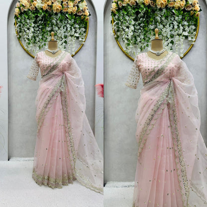 Peach Organza Silk Embroidered Work Saree