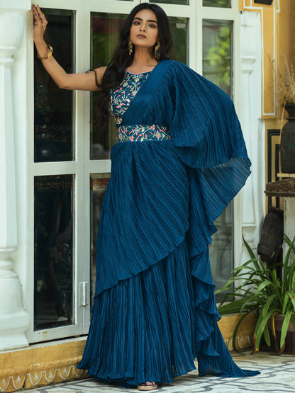 Beautiful Chinon Silk With Half Crush Pleated with Heavy Dual Sequence Work Saree
