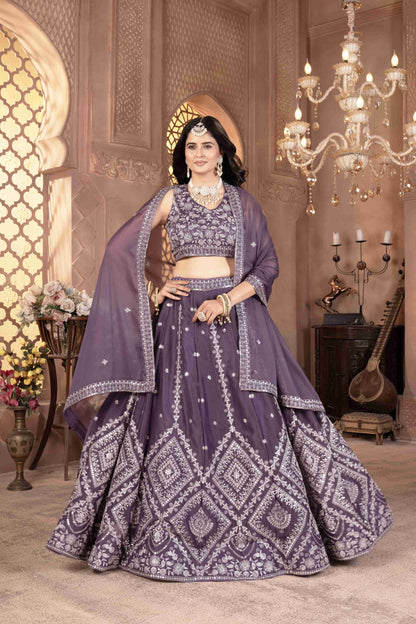 Elegant onion Embroidered Georgette Lehenga Choli with Dupatta