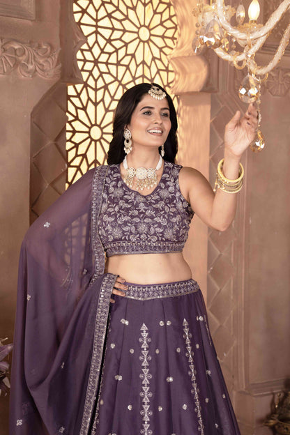 Elegant onion Embroidered Georgette Lehenga Choli with Dupatta
