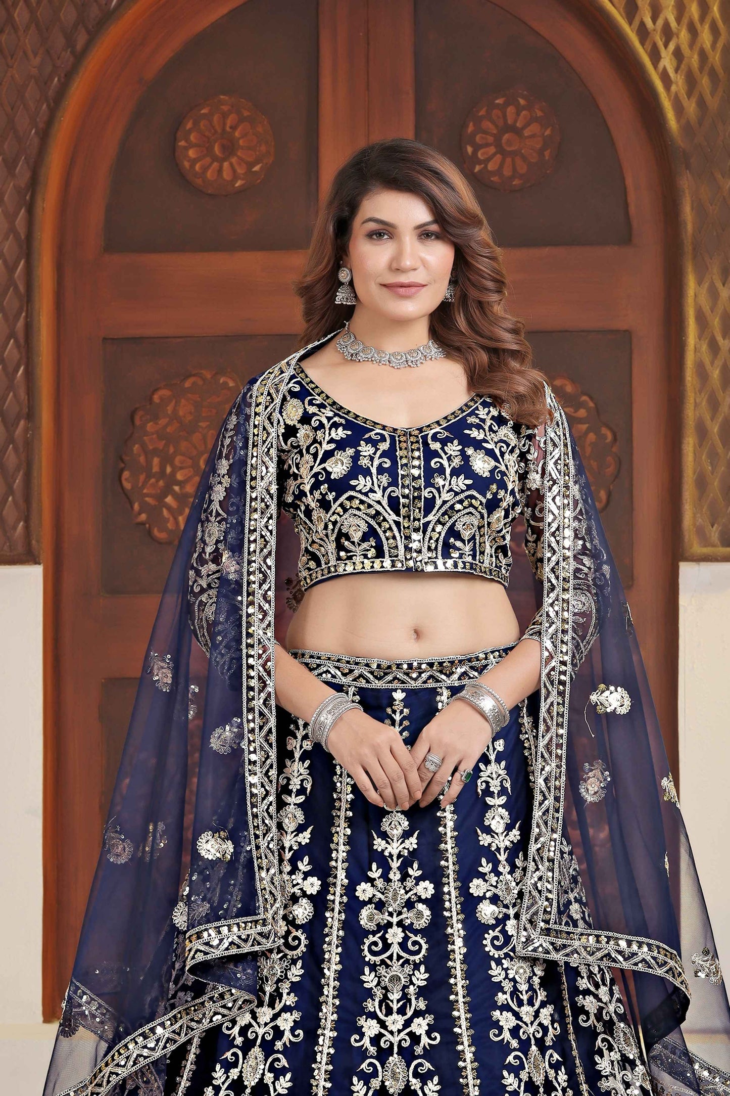 Pulm Navy Blue Net Embroiderd Codding Designer Bridal Wear Lehanga Set