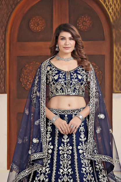 Pulm Navy Blue Net Embroiderd Codding Designer Bridal Wear Lehanga Set