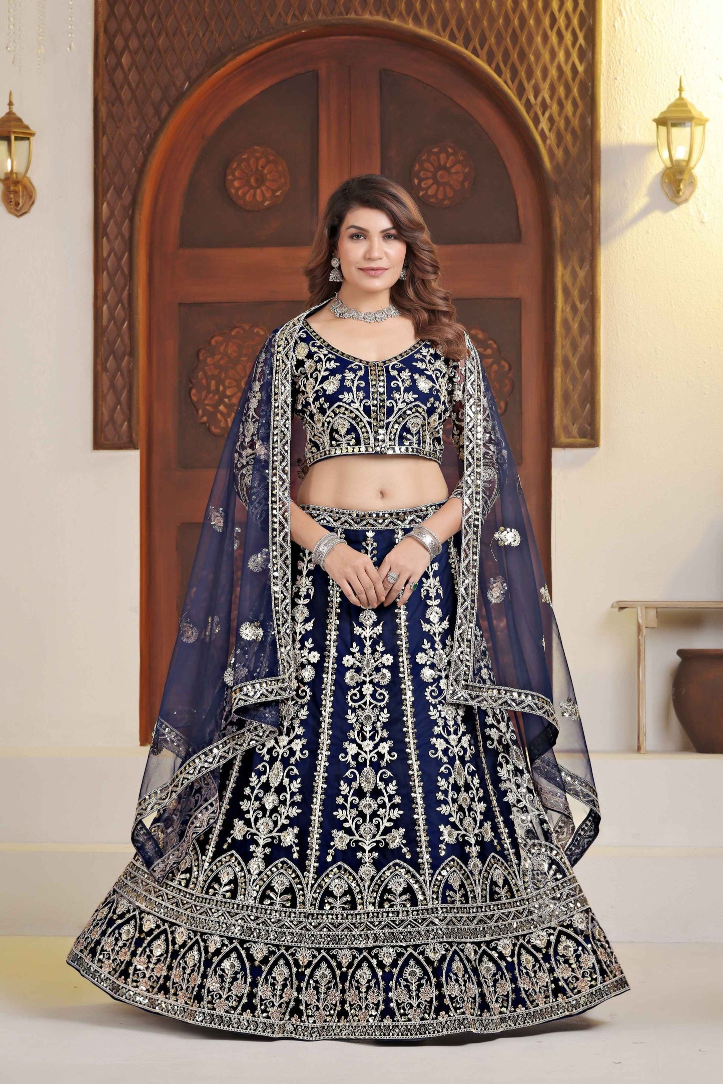 Pulm Navy Blue Net Embroiderd Codding Designer Bridal Wear Lehanga Set