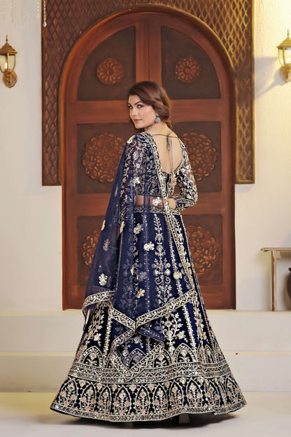 Pulm Navy Blue Net Embroiderd Codding Designer Bridal Wear Lehanga Set