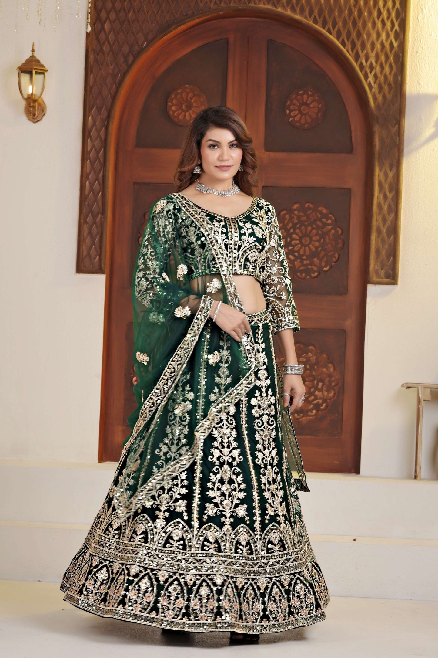Elegent Dark Green Net Embroiderd Codding Designer Bridal Wear Lehanga Set