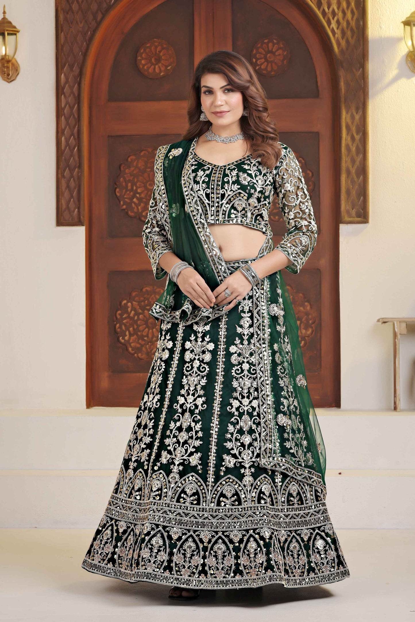 Elegent Dark Green Net Embroiderd Codding Designer Bridal Wear Lehanga Set