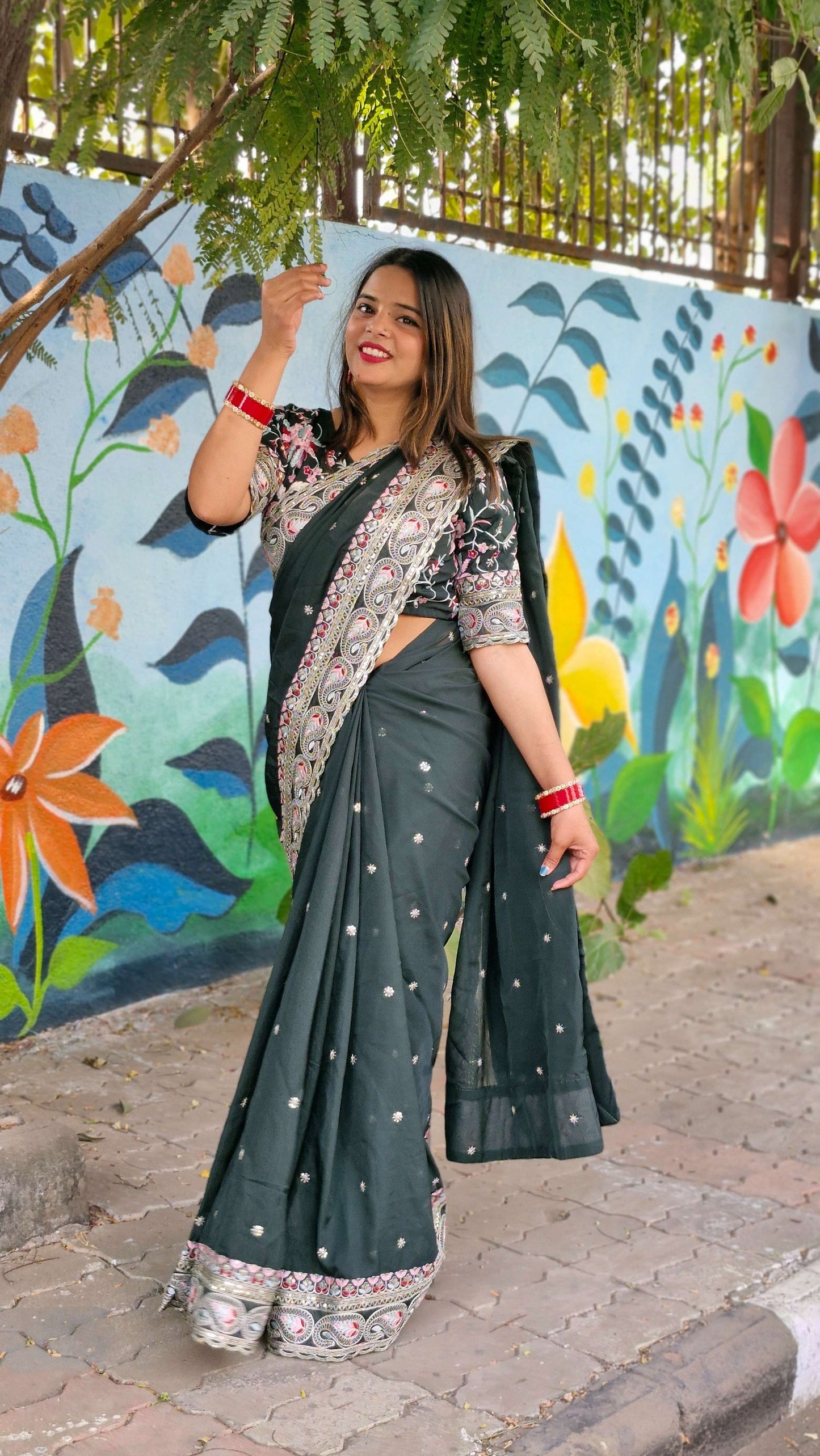 Attractive Bottel Green Organza Silk Embroidery Wedding Wear Lace Work Saree With Blouse