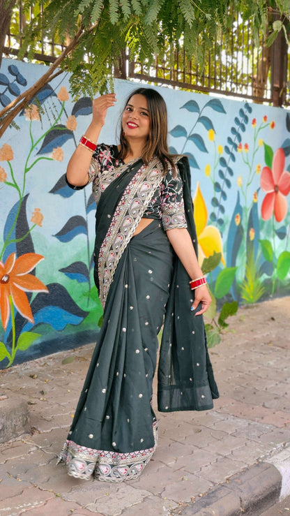 Attractive Bottel Green Organza Silk Embroidery Wedding Wear Lace Work Saree With Blouse