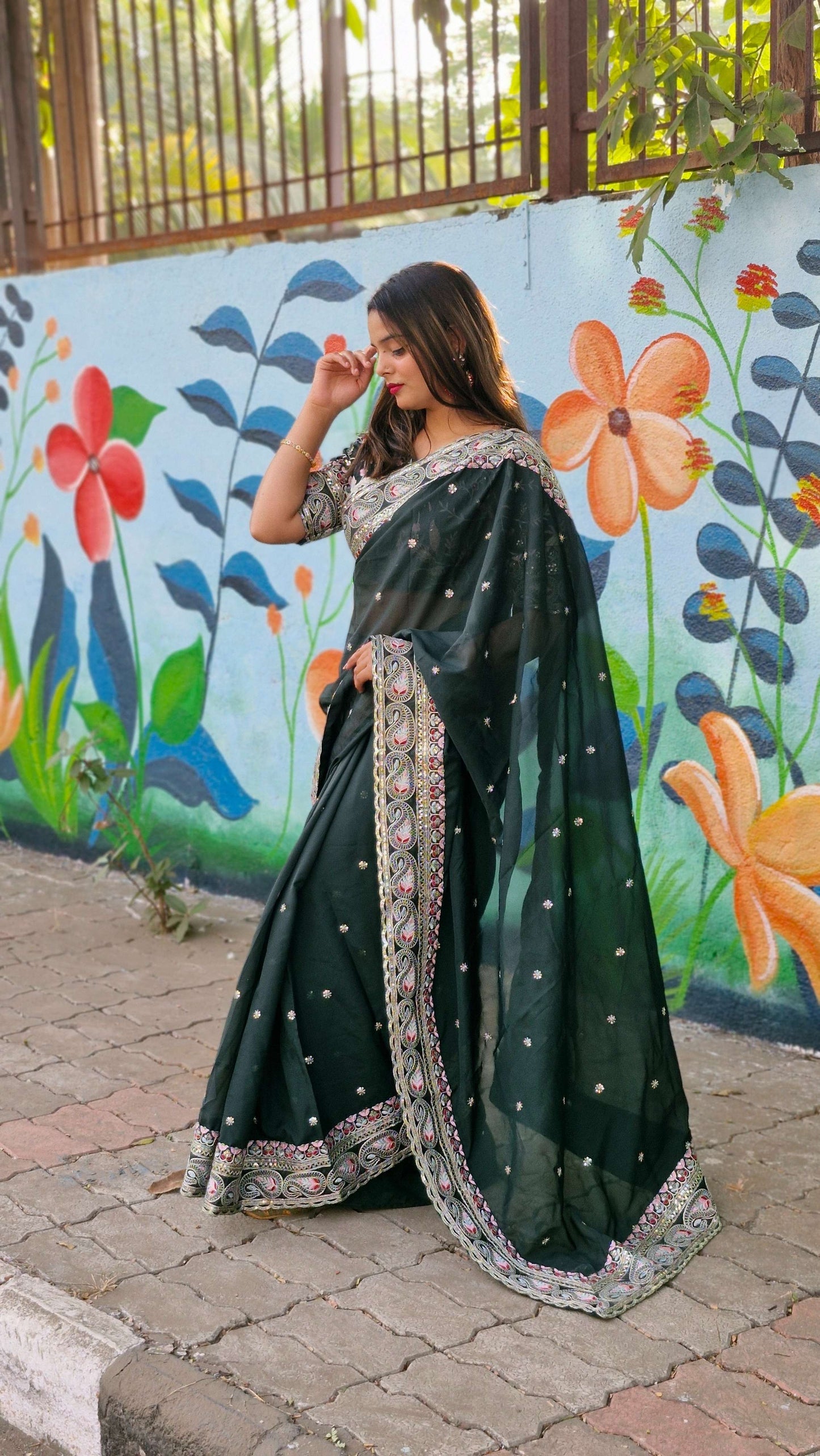 Attractive Bottel Green Organza Silk Embroidery Wedding Wear Lace Work Saree With Blouse