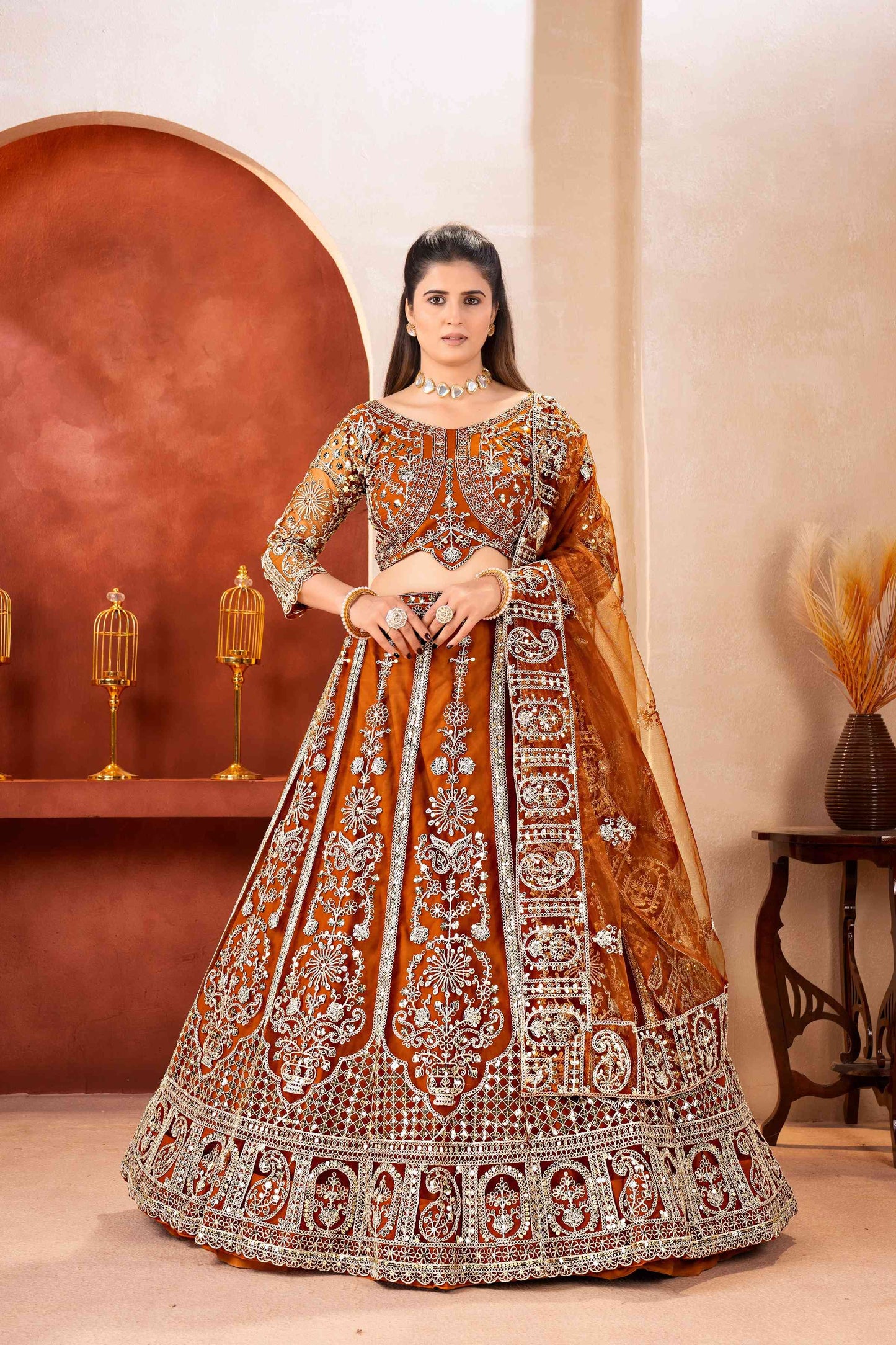 Amazing Rust Orange Butterfly Net Sequence And Embroidery Designer Sangeet Wear Lehenga Choli