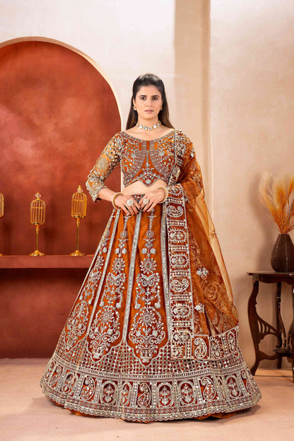 Amazing Rust Orange Butterfly Net Sequence And Embroidery Designer Sangeet Wear Lehenga Choli