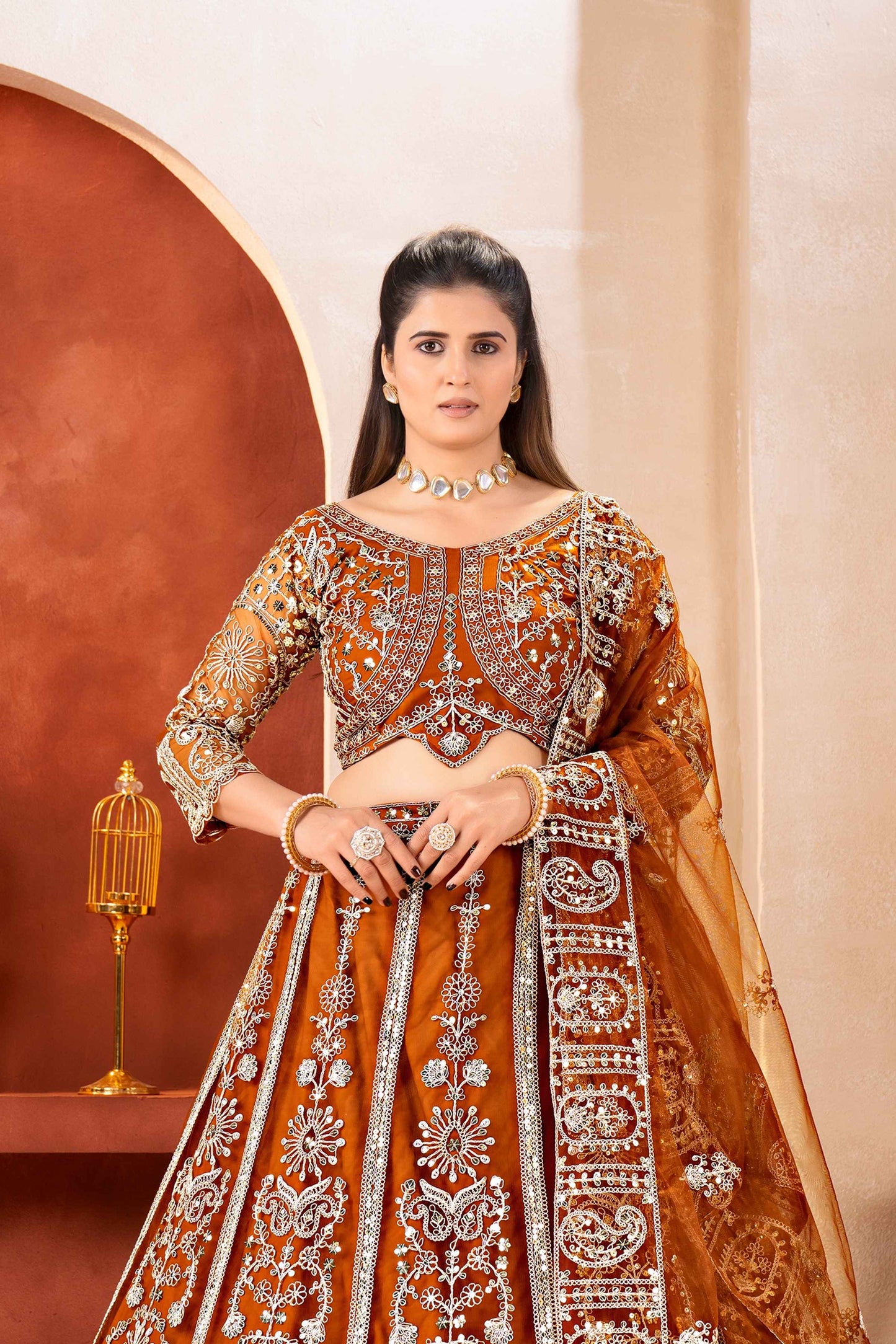 Amazing Rust Orange Butterfly Net Sequence And Embroidery Designer Sangeet Wear Lehenga Choli