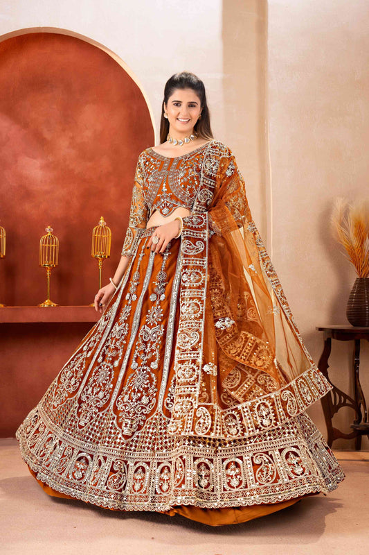 Amazing Rust Orange Butterfly Net Sequence And Embroidery Designer Sangeet Wear Lehenga Choli