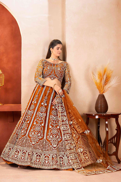 Amazing Rust Orange Butterfly Net Sequence And Embroidery Designer Sangeet Wear Lehenga Choli